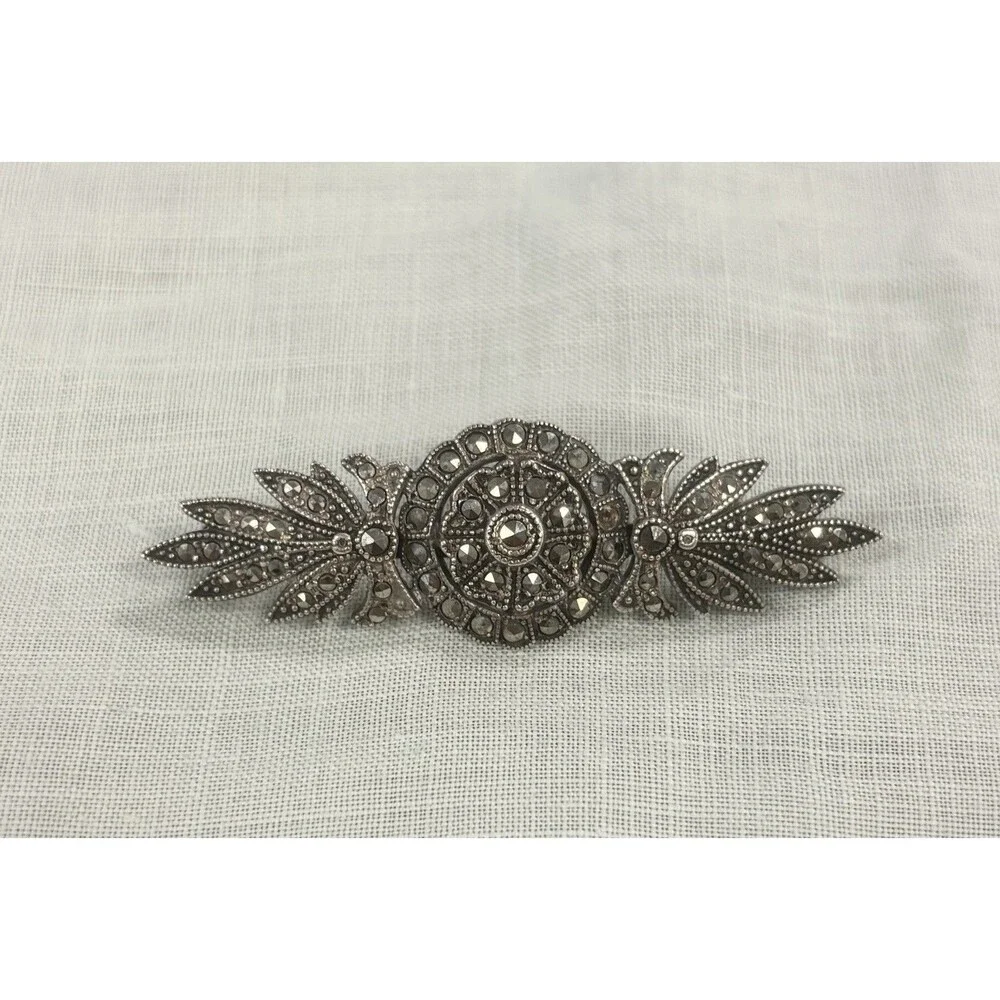 Vintage 925 Sterling Silver Marcasite Art Deco Style Bar Brooch Floral Pin